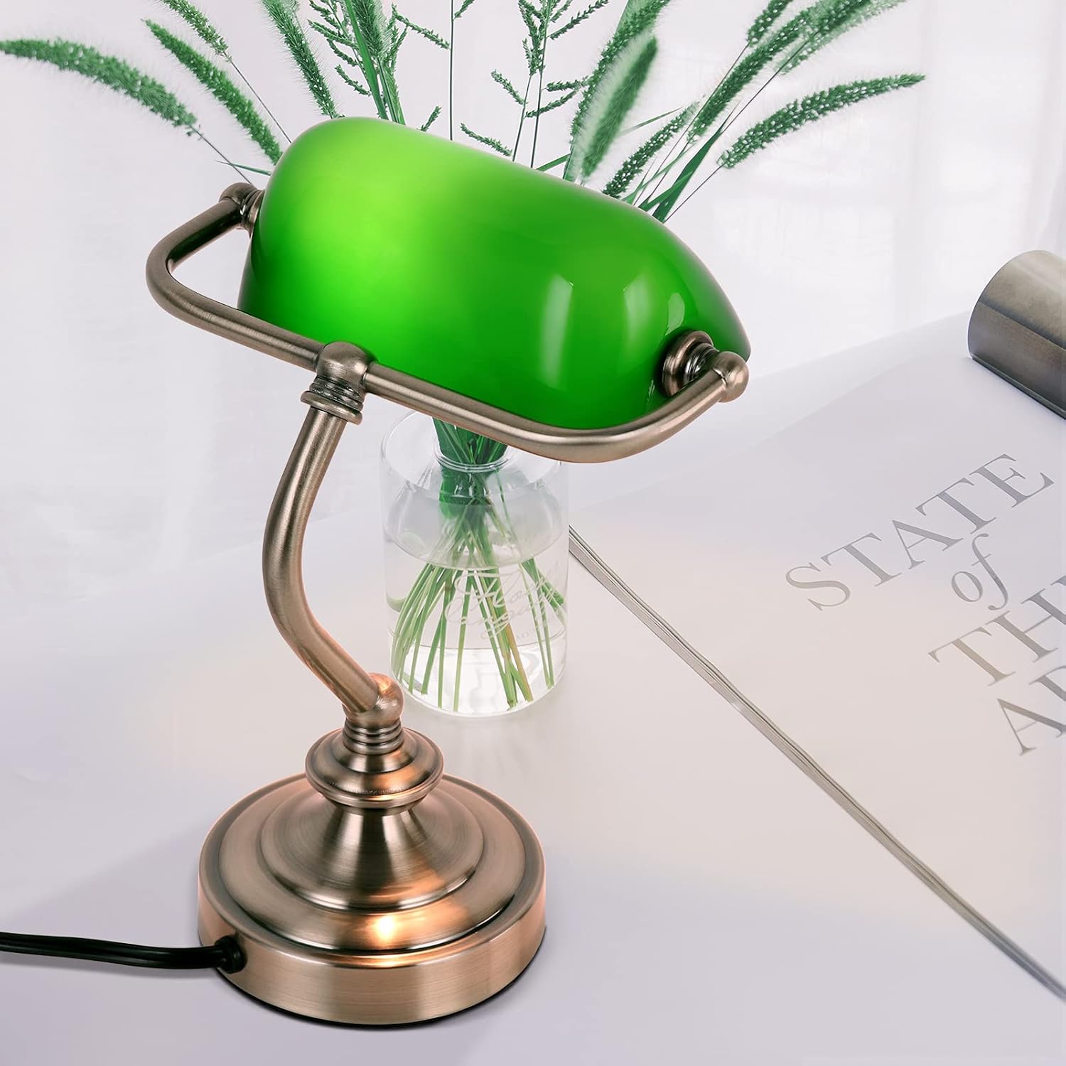 Lampe de bureau banquier FIRVRE – verre et bronze, 69 plug-in