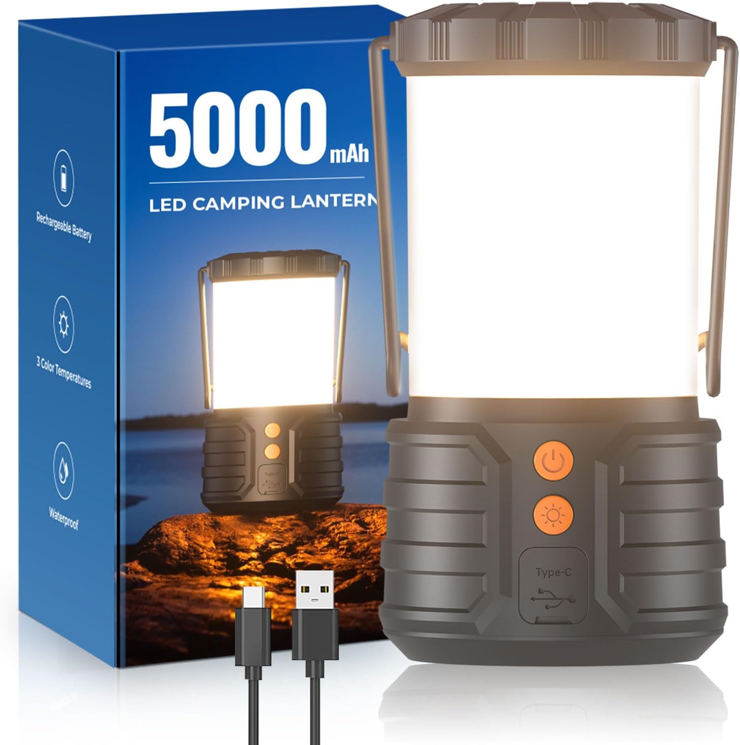 Lanterne camping LED rechargeable 5000 mAh – urgence 3 couleurs