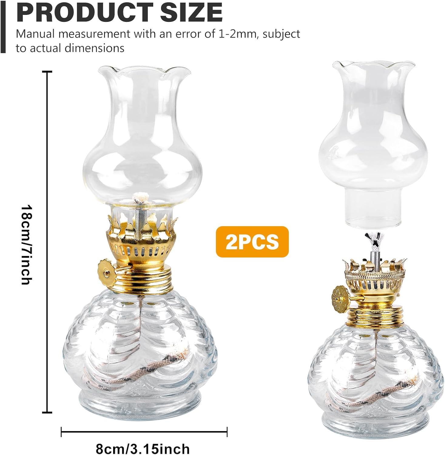 Lot de 2 lampes à pétrole en verre – réglables et coupe-vent
